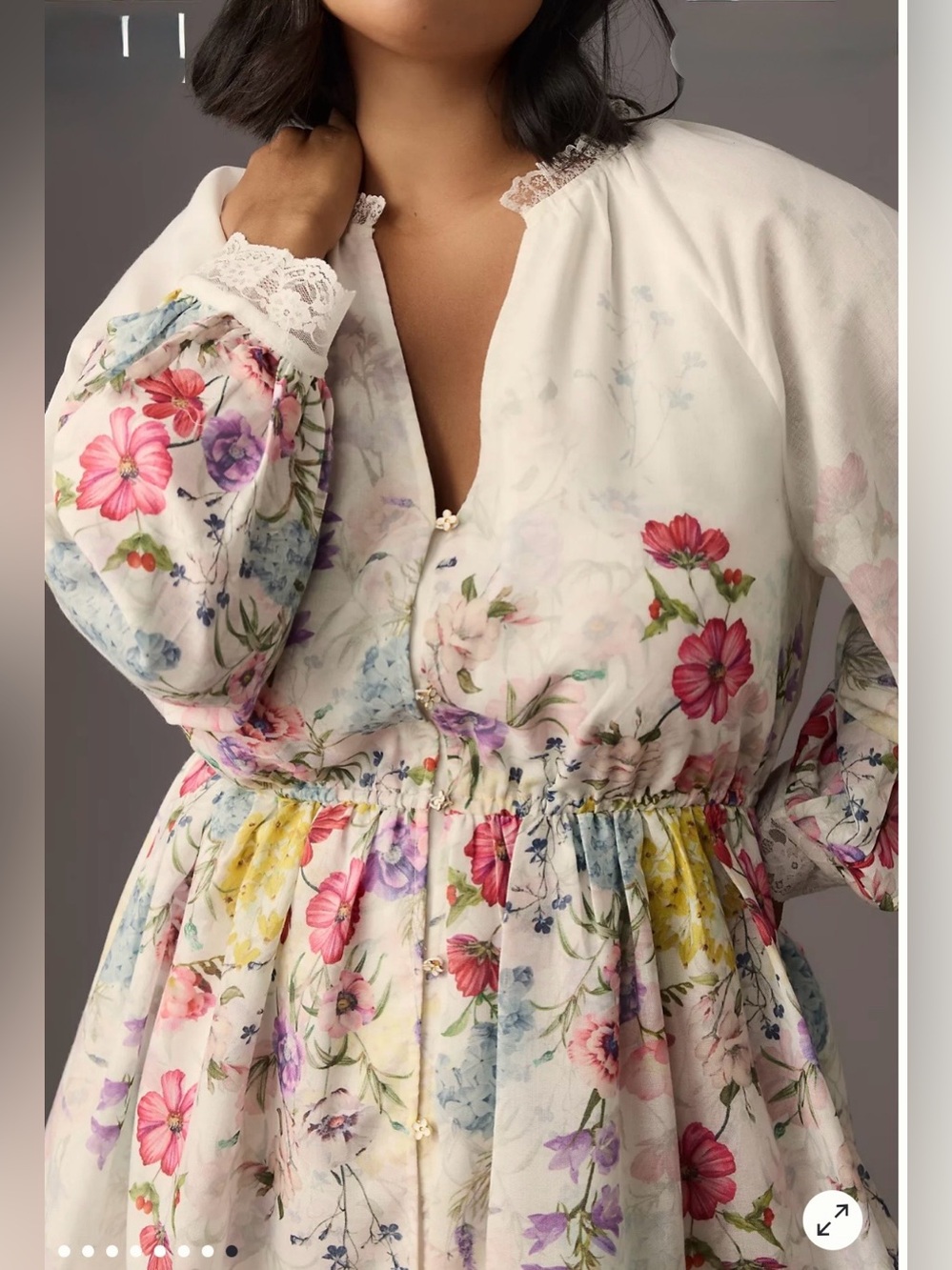 Anthropologie LetMeBe WomenPlus 1X White Floral V-Neck Balloon Sleeve Mini dress